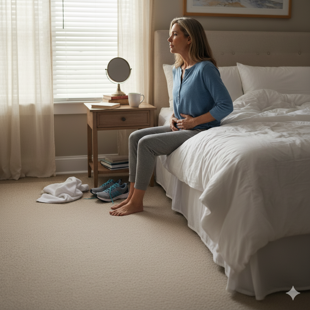 Midlife adult reflecting in morning light