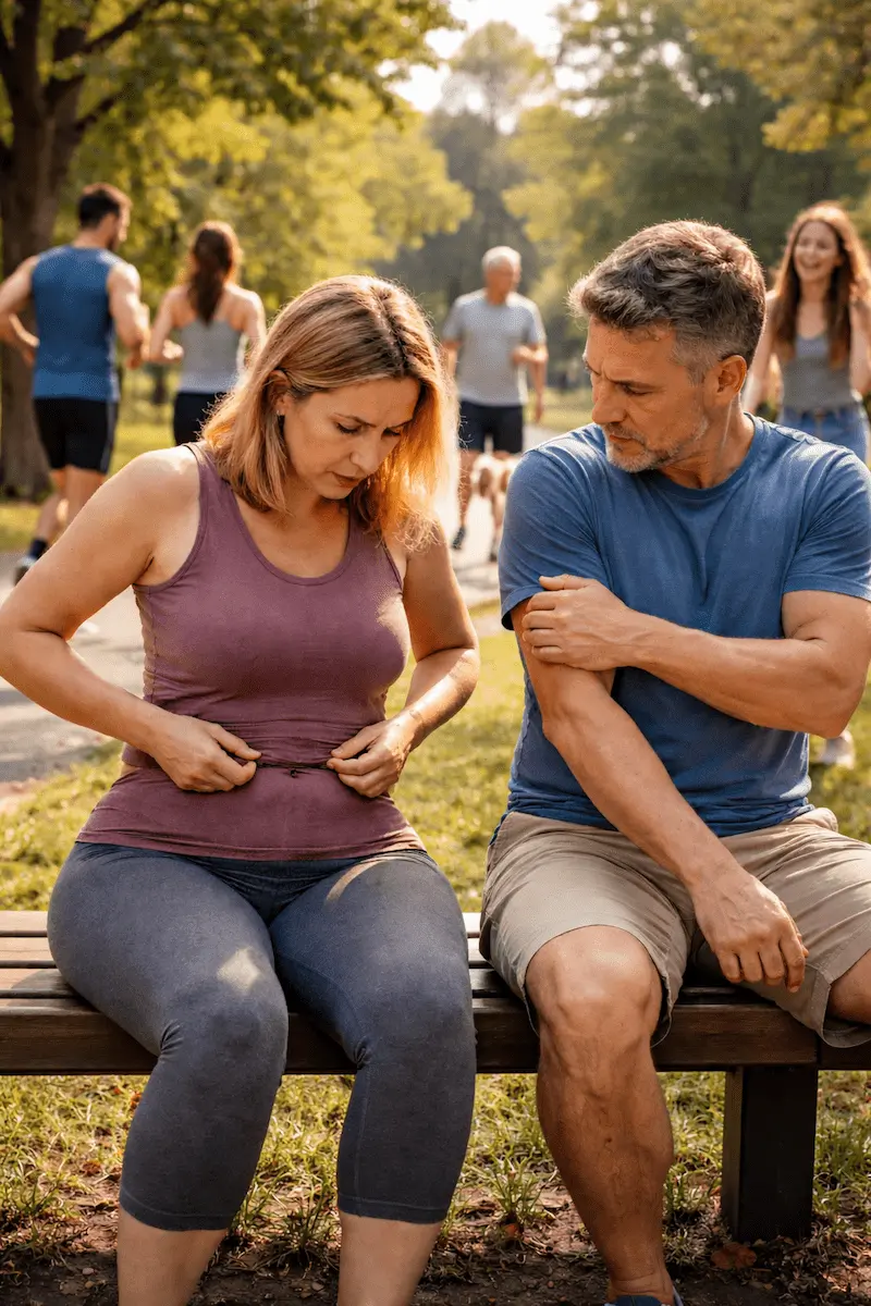 Middle-aged person reflecting on weight gain after 40 - emotional mirror moment showing subtle body changes